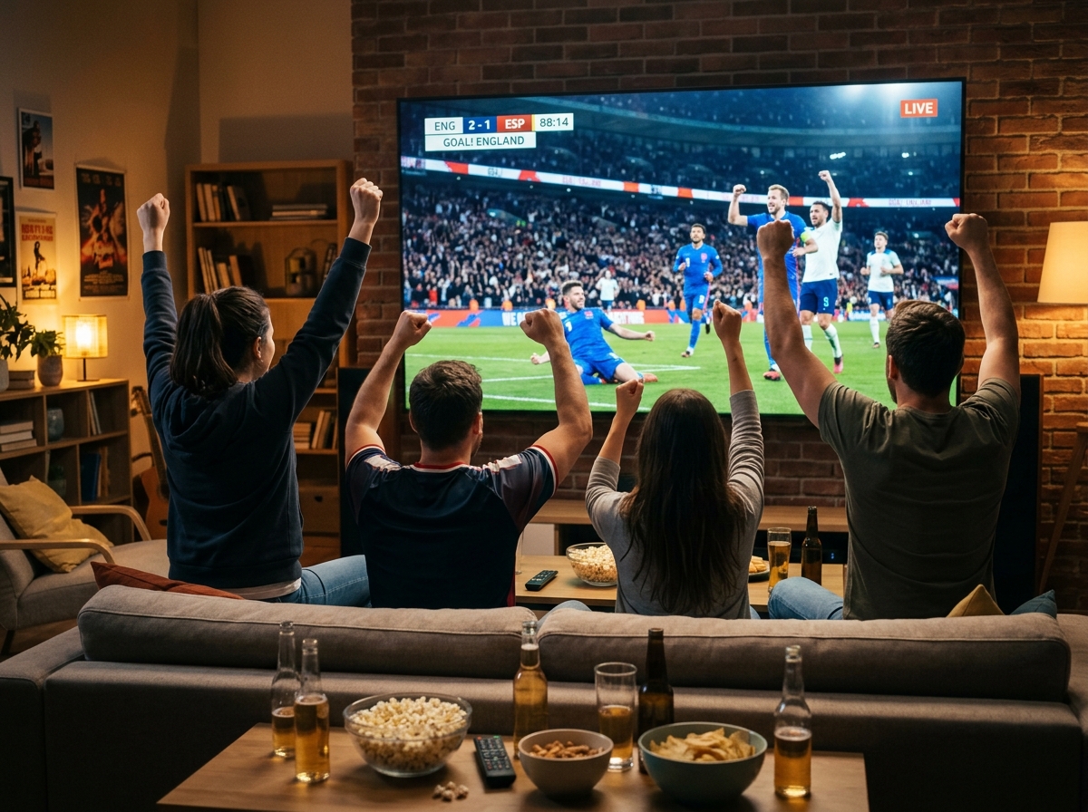 Friends celebrating a football match on a large television